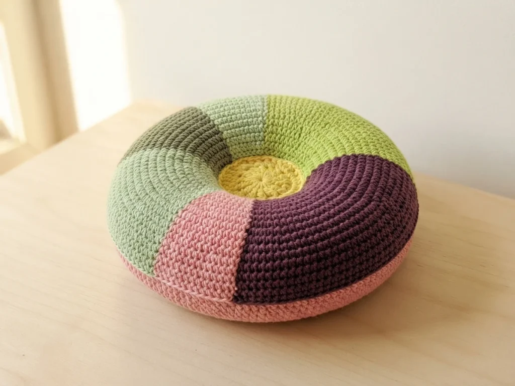 Crocheted donut-shaped cushion with green, purple, pink and yellow color blocks on a light wooden table