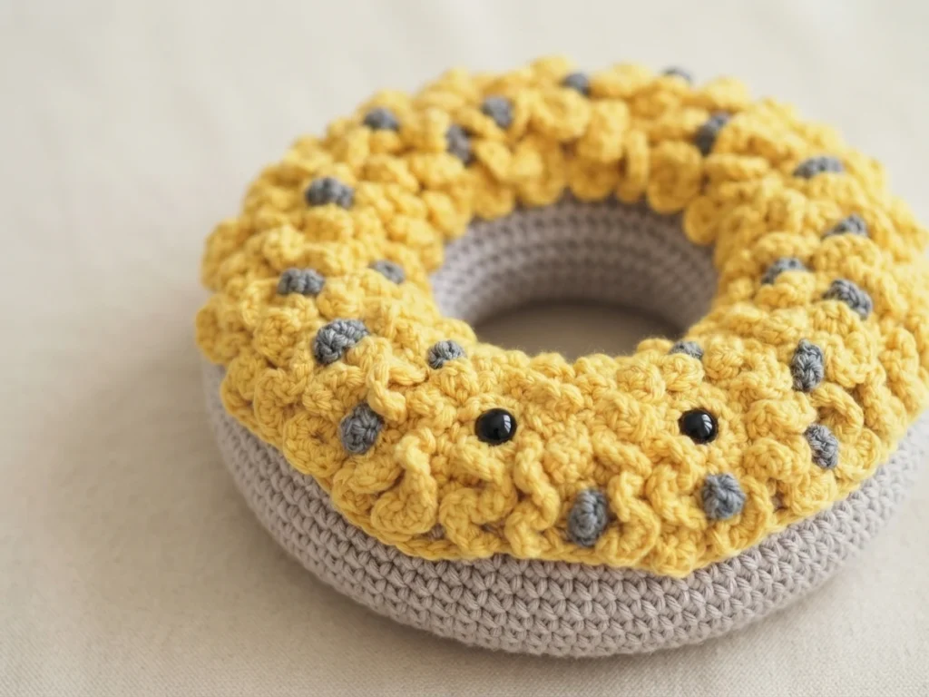 Small crocheted donut with textured yellow frosting, grey sprinkle dots and a face with black bead eyes, photographed on a light beige surface.