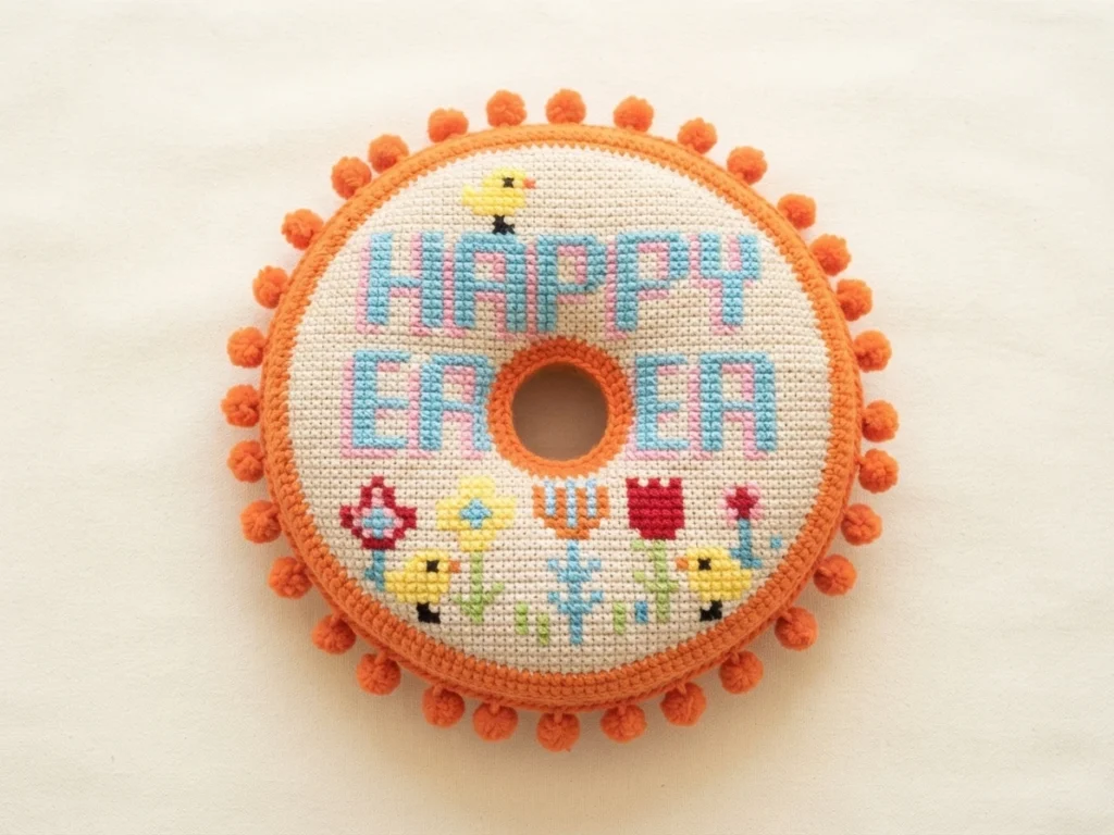 Round donut-shaped cushion with orange pompom border, cream cross-stitched top reading Happy Easter with chicks and flowers, and a central hole