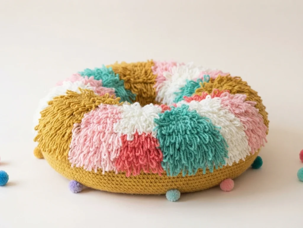 Round donut-shaped crochet cushion with a fluffy patchwork top in pink, white, teal, coral and mustard, and small colorful pom-poms around the base.
