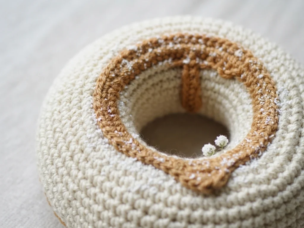 Close-up of a crocheted donut cushion in cream yarn with a caramel brown ring around the center hole, lightly dusted with white powder and styled with tiny white flowers