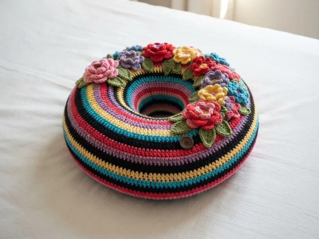 Round crochet donut cushion with multicolor stripes and crochet flowers on white fabric
