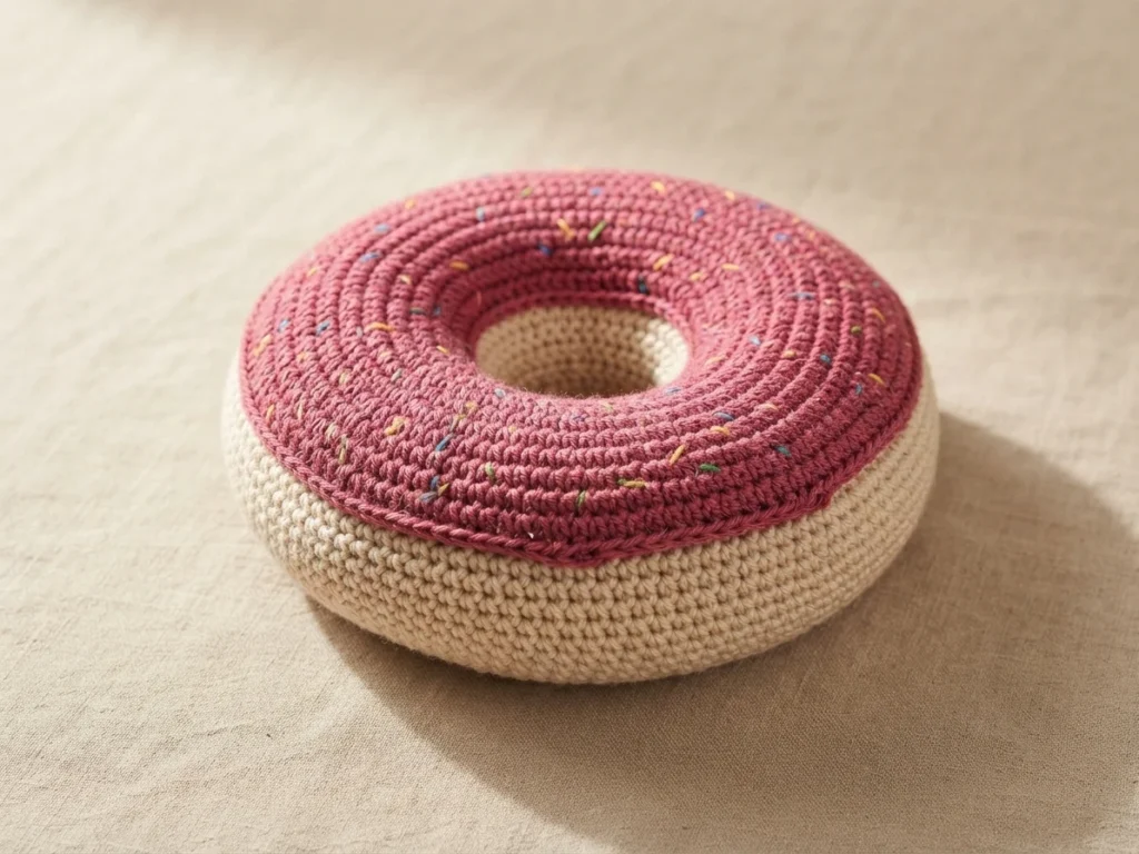 Crocheted donut cushion with pink frosting and small colorful sprinkles on beige fabric