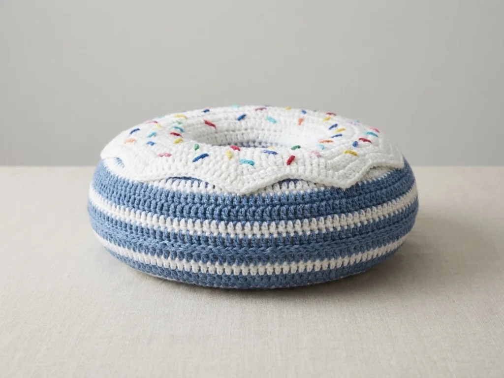 Crochet donut cushion with white frosting, small colorful sprinkles, and blue and white striped sides resting on a light fabric surface