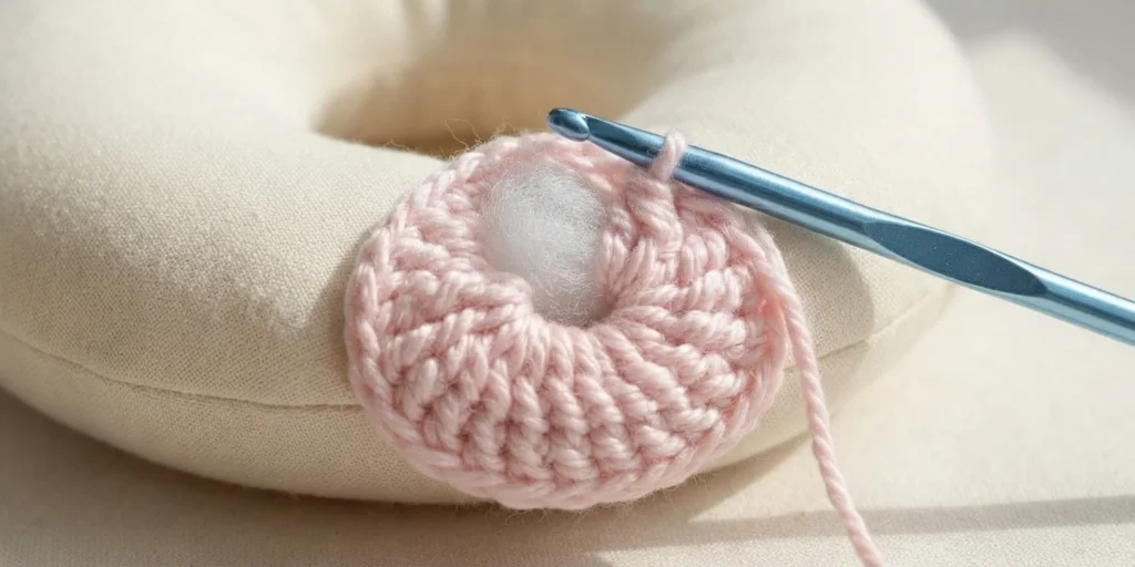 Close-up of pink crochet work in progress with a blue crochet hook resting on a cream donut cushion.