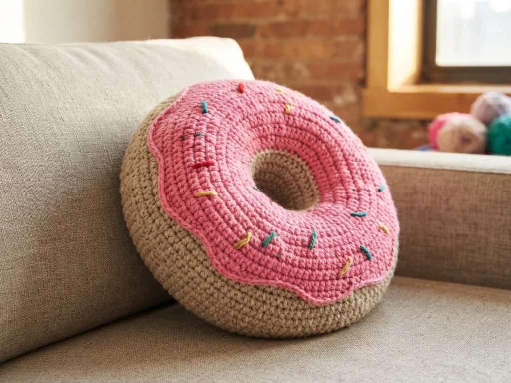 A finished crocheted donut cushion with pink frosting and multicolored sprinkles, displayed on a beige sofa with blurred yarn balls in the background.
