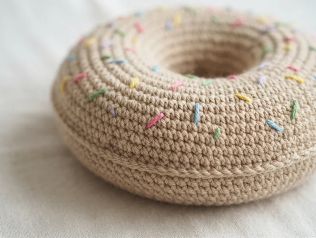 Small crocheted donut in beige yarn with pastel embroidered sprinkles, resting on a white surface.