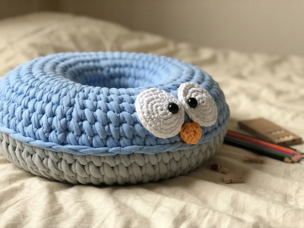 Crocheted blue and gray donut-shaped cushion with a white owl face, lying on a bed beside colored pencils and small wooden clips.