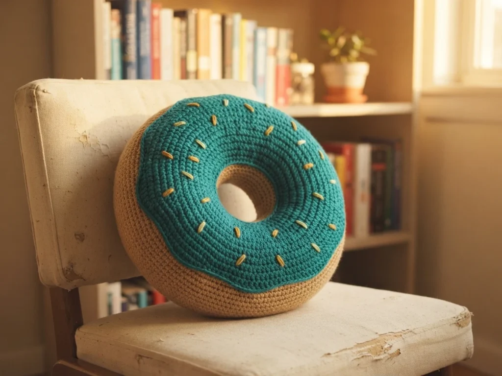 Crochet donut cushion with teal frosting and yellow sprinkles sitting on a worn beige chair beside a bookshelf.