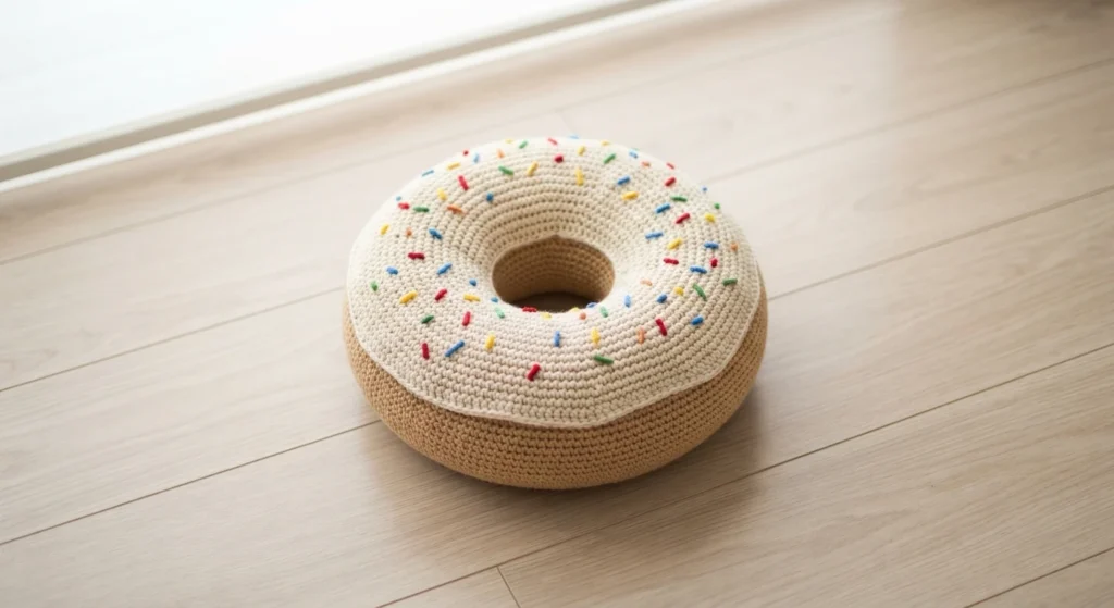 Crocheted donut cushion with cream frosting and colorful sprinkles on a light wooden floor