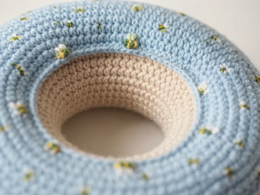 Blue crocheted donut cushion with small floral motifs and a beige inner ring