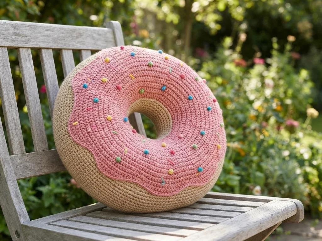Crochet donut cushion with pink frosting and colorful sprinkles resting on a wooden garden chair.