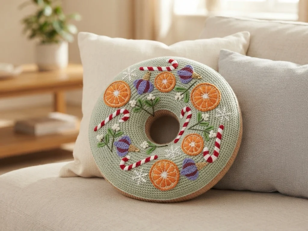 Sage-green crocheted donut cushion decorated with embroidered Christmas citrus slices, candy canes, baubles, mistletoe sprigs and snowflakes, resting on a sofa.