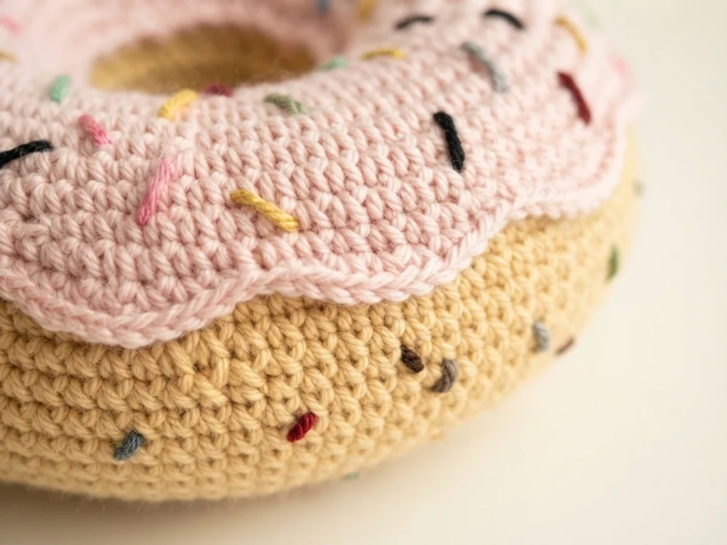 Close-up of a crocheted donut cushion with pink frosting, colorful sprinkles and a tan base.