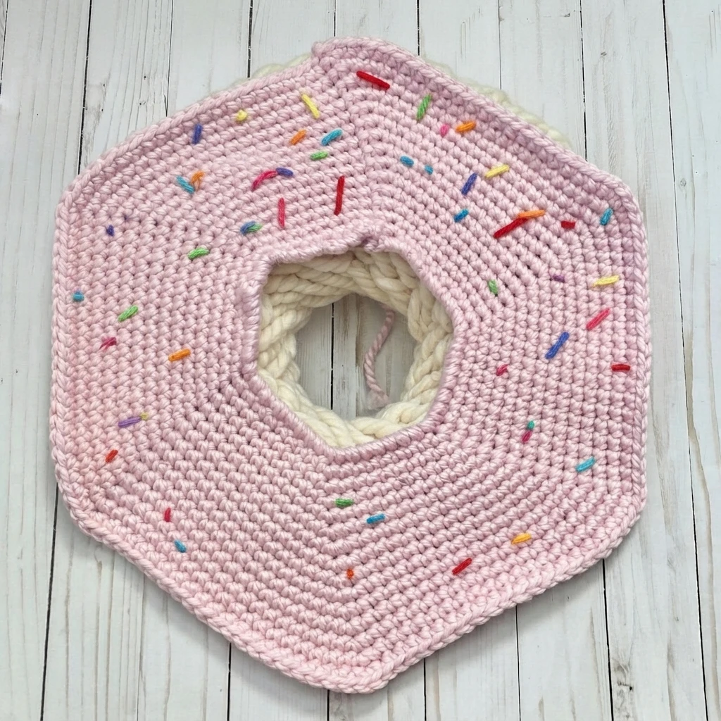 Flat pink crocheted donut ring with small colorful sprinkles and a cream inner edge lying on a white wooden surface