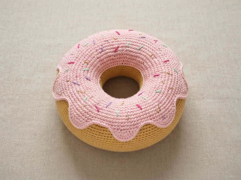 Crocheted donut cushion with pink frosting and small colorful sprinkles resting on light beige fabric