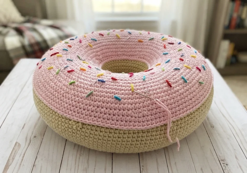 Crocheted donut cushion with pink icing and colorful sprinkles on a beige base, resting on a white wooden table