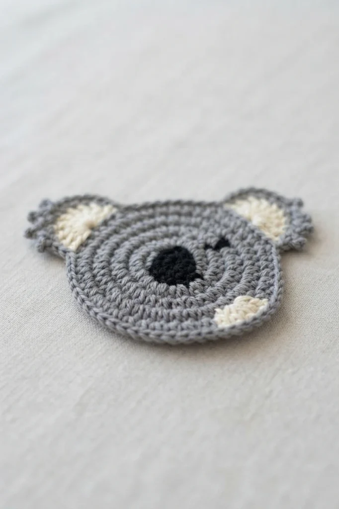 Single grey crochet koala coaster with cream inner ears, black nose and embroidered eyes on light fabric