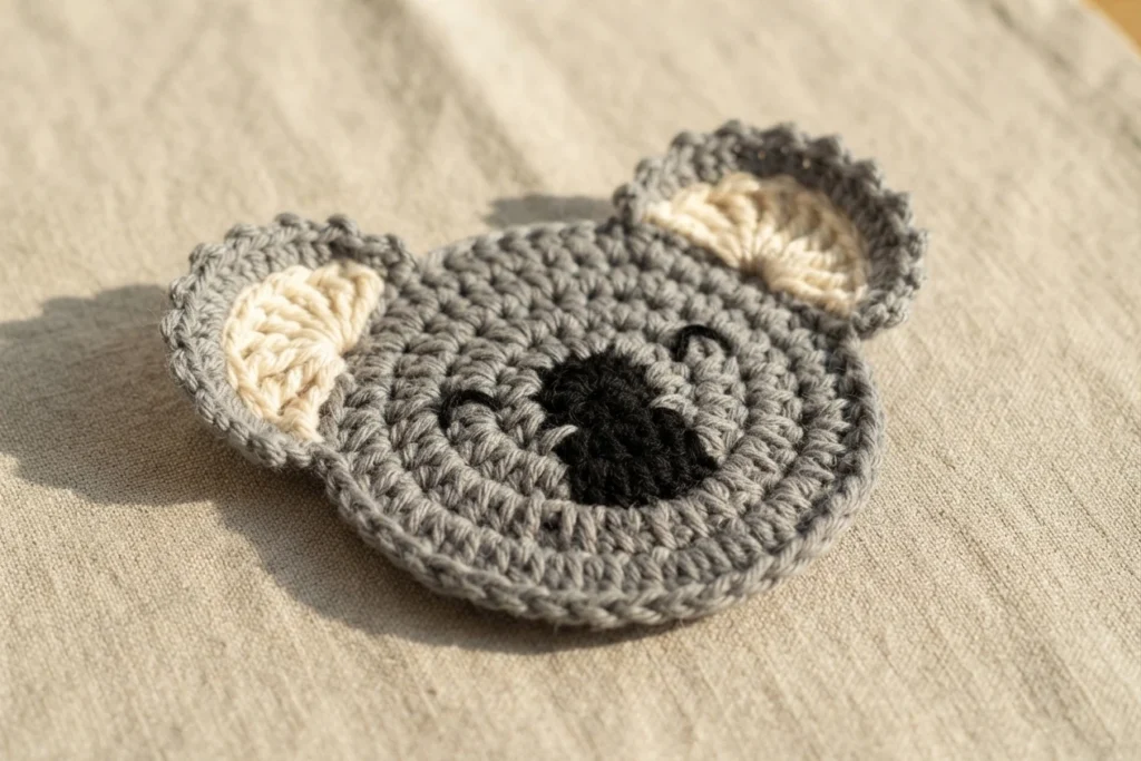 Crocheted grey koala coaster with cream inner ears and black nose lying on beige linen in sunlight