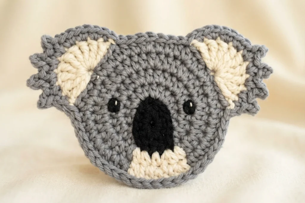 Grey crochet koala coaster with cream inner ears, black nose and embroidered eyes on light fabric