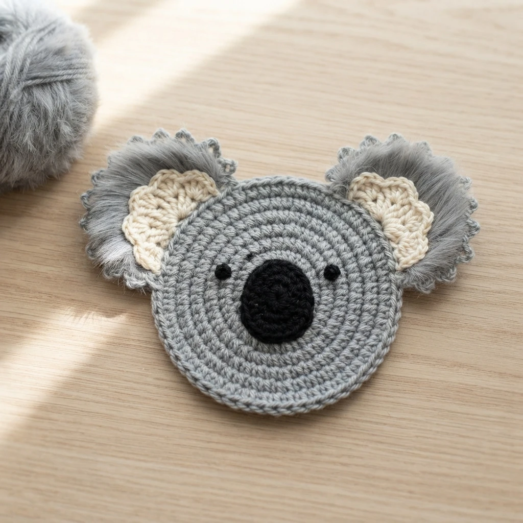 A grey crocheted koala coaster with cream inner ears, a large black nose and black eyes on a light wooden surface, with a ball of grey yarn nearby