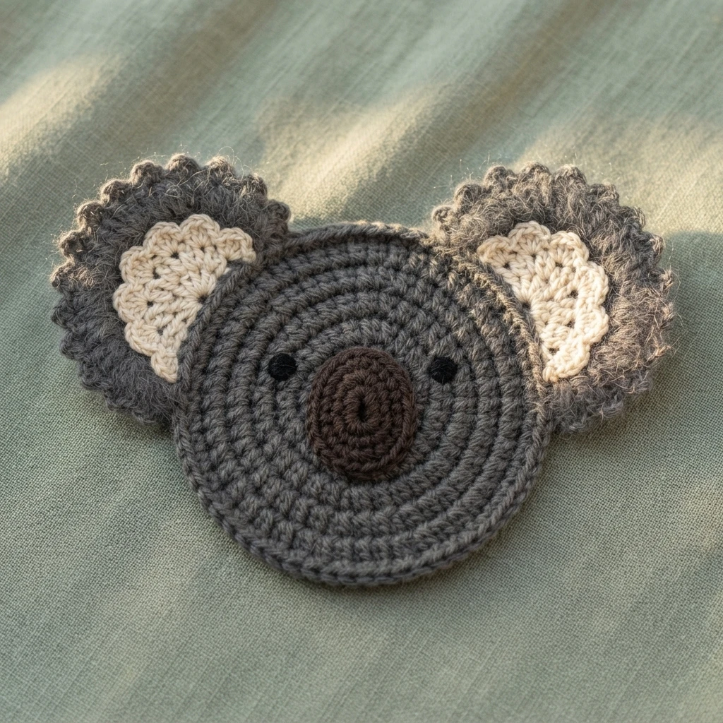 Crocheted grey koala coaster with cream inner ears, dark brown nose and small black embroidered eyes, resting on pale green fabric.