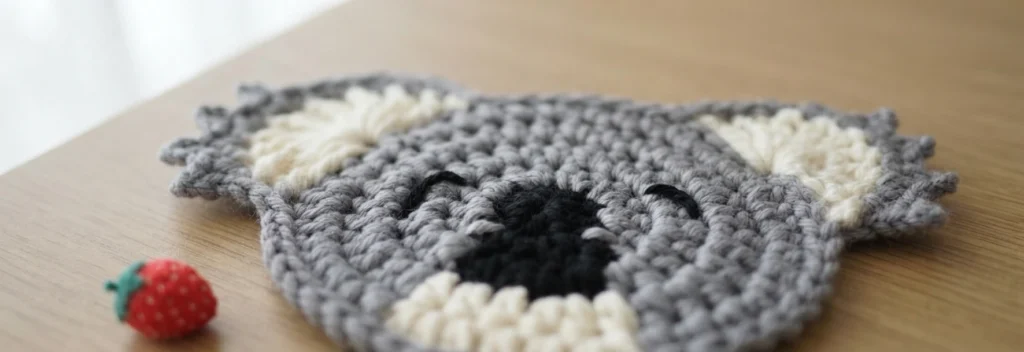 Close-up angled view of a finished grey crochet koala coaster with cream inner ears and chin, a black nose and small black embroidered eyes on a wooden table