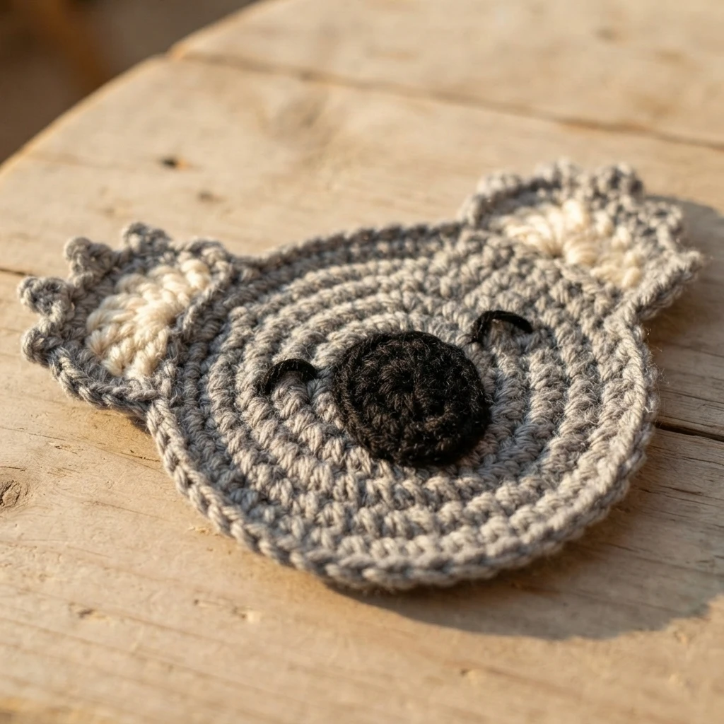 Close-up of a single light grey crocheted koala coaster with cream inner ears, a round black nose and small black eyes on a wooden surface