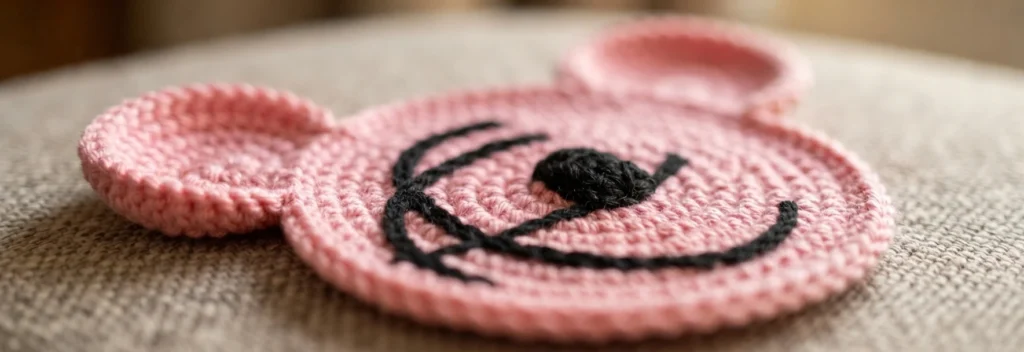 Close-up of a pink crocheted koala coaster with a black nose and simple embroidered eyes, resting on a textured surface.