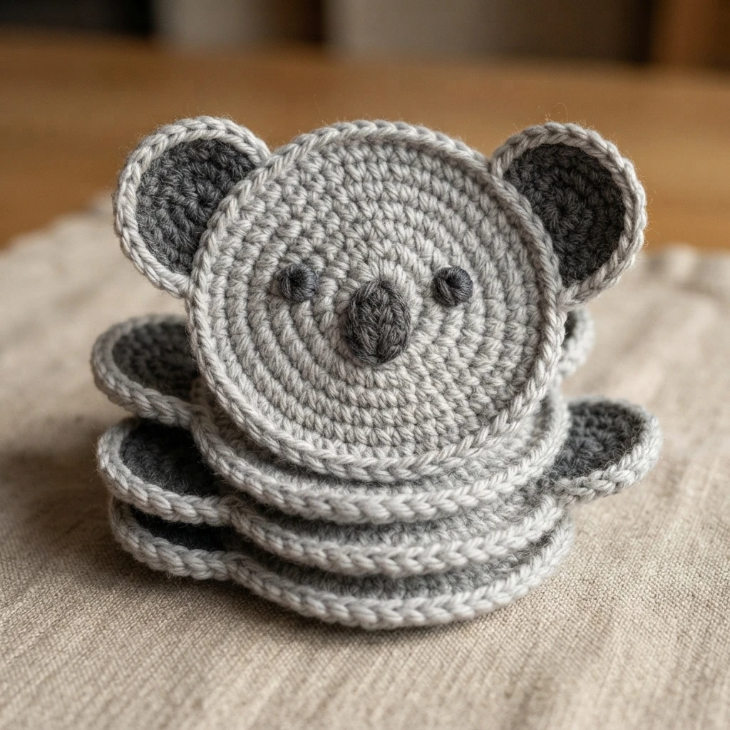 Stack of light grey crocheted koala coasters with dark grey inner ears and face details, one propped upright on beige linen