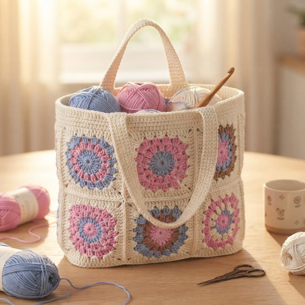 Sac au crochet crème décoré de carrés floraux roses et bleus, posé sur une table avec des pelotes et un crochet.