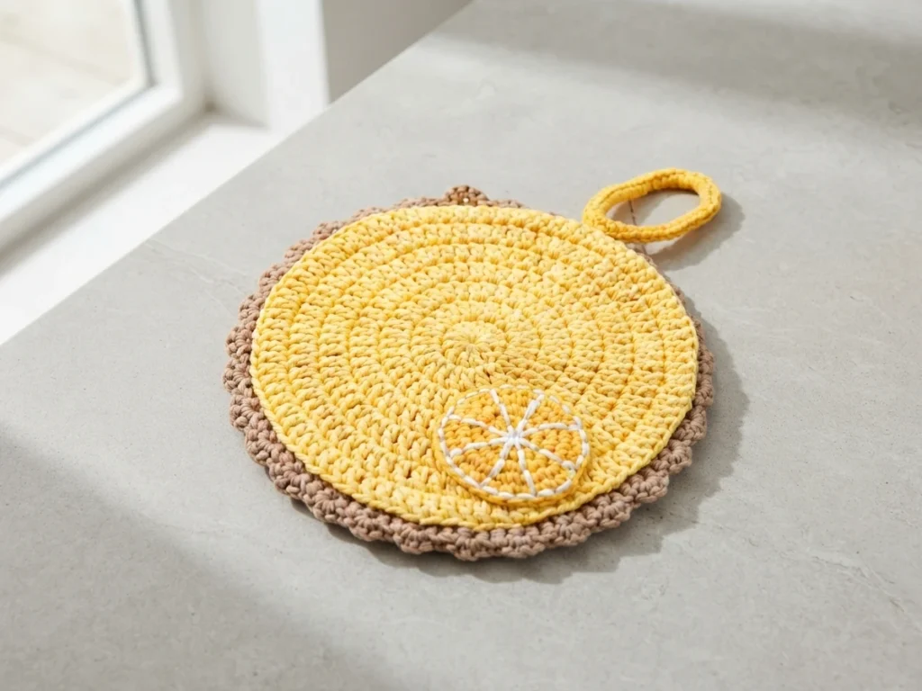 Yellow crocheted lemon pie oven mitt with brown scalloped crust edge, yellow hanging loop and small lemon slice motif, lying on a light countertop near a window.