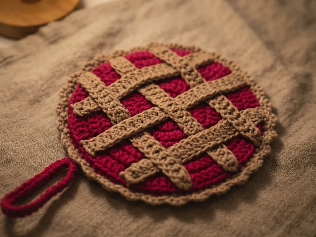 Round crocheted pie potholder with deep pink filling, tan lattice crust and hanging loop, resting on beige cloth.