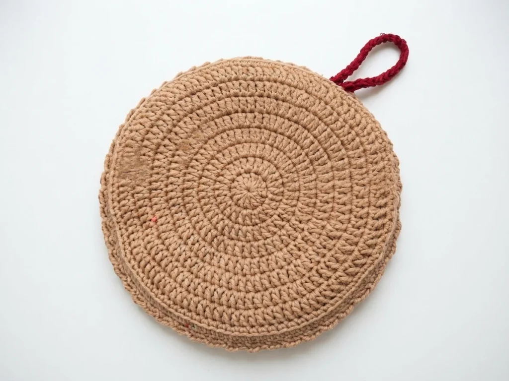 Round tan crocheted pie oven mitt back with a small red hanging loop on a white background.