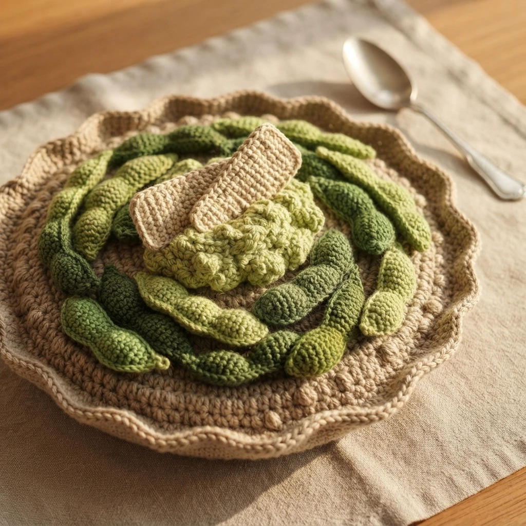 Crocheted green pea pods arranged in a circle on a round beige scalloped base with two crocheted crackers and a spoon on a linen cloth.