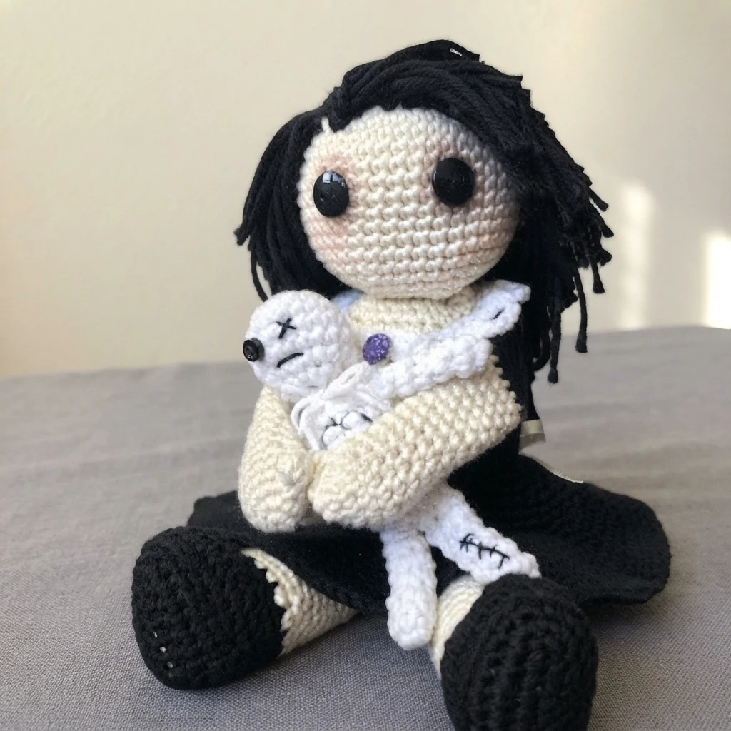 Crocheted doll with long black yarn hair and black button eyes, wearing a black dress and black boots, holding a small white stitched doll with a cross-stitch eye and a purple button detail, seated on a grey surface.