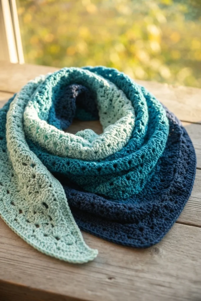 Blue ombre crochet cowl with rows graduating from pale mint to dark navy, coiled on a wooden table next to a sunlit window with soft green foliage outside.
