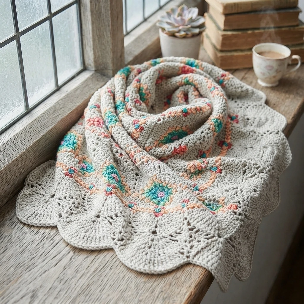 A gray crocheted piece with colorful flower motifs and a scalloped lace border, draped in folds over a wooden windowsill next to a small potted plant, stacked books and a cup of tea.