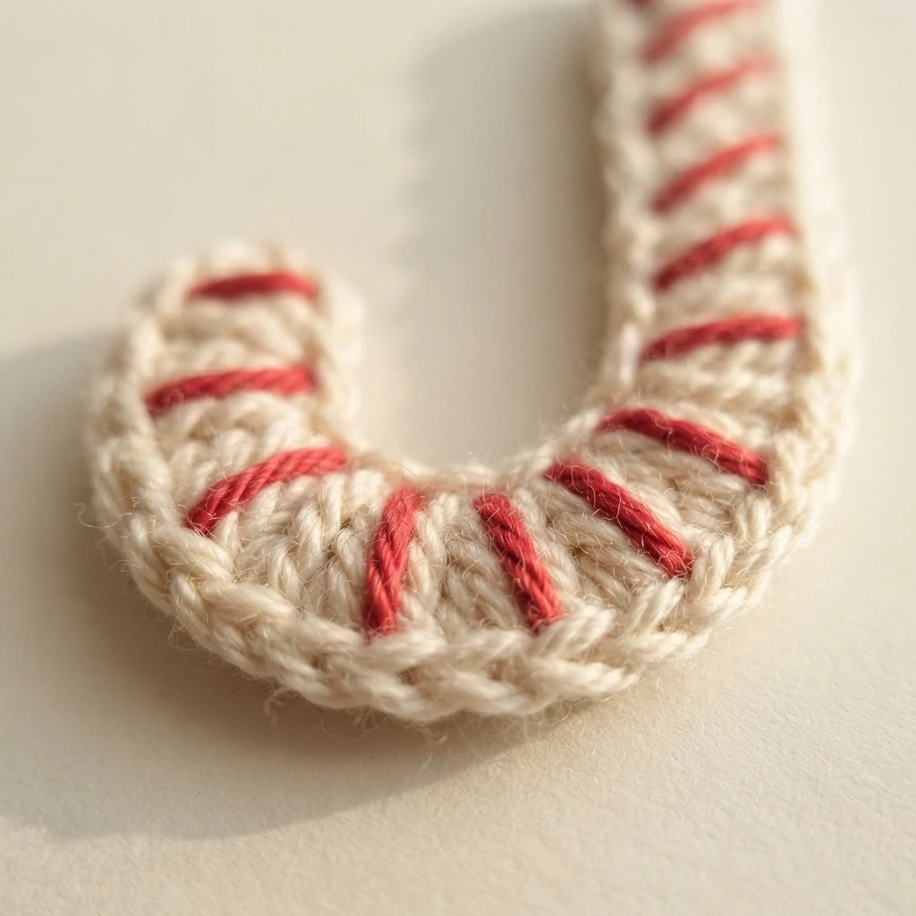 Close-up of a crocheted cream candy cane applique with red stripes, showing only the curved hook section on a plain beige surface.