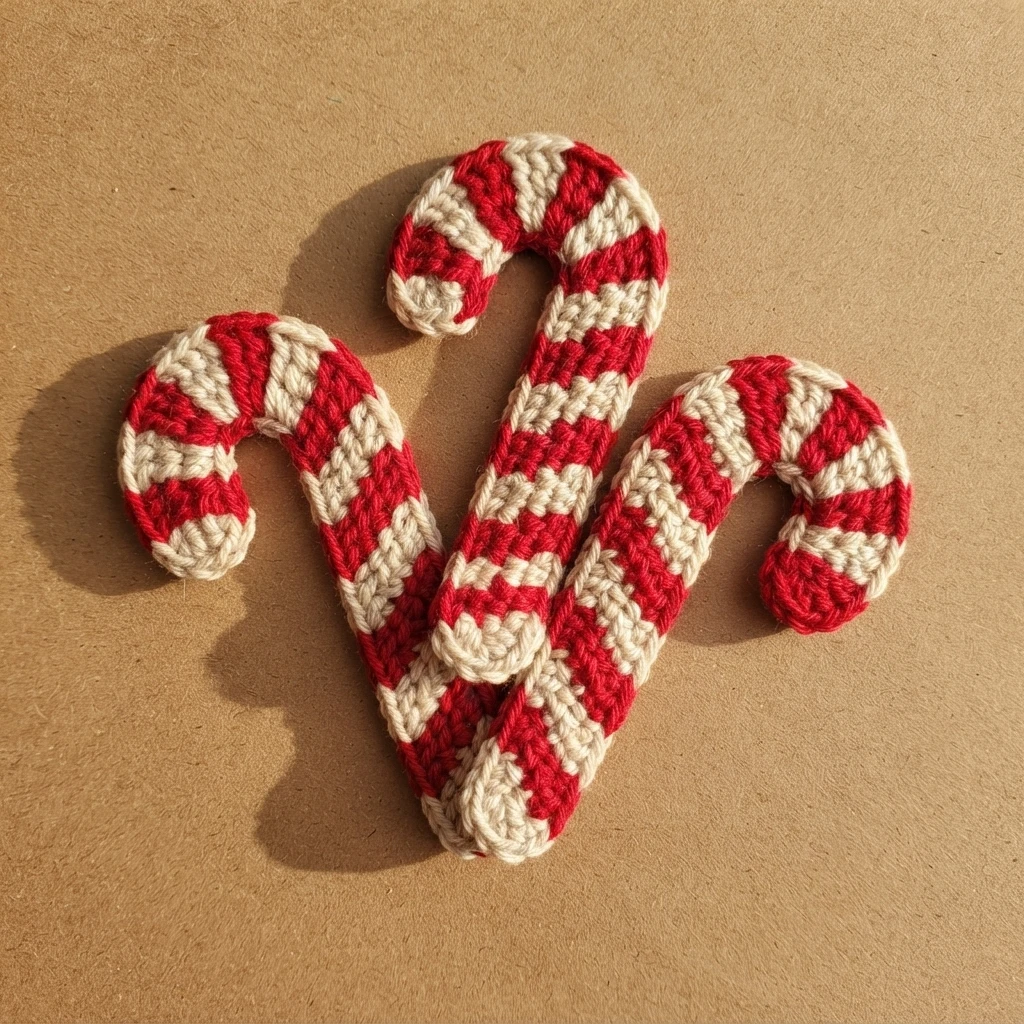 Three crocheted candy cane appliques with red and cream stripes laid flat on a brown paper surface, casting soft shadows.