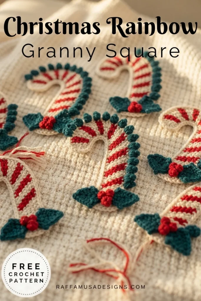 Several crocheted candy cane appliques with cream and red stripes, dark green bobble edges and small red berry clusters at the base, arranged on a cream knitted blanket, with a title overlay and a free crochet pattern badge at the bottom.