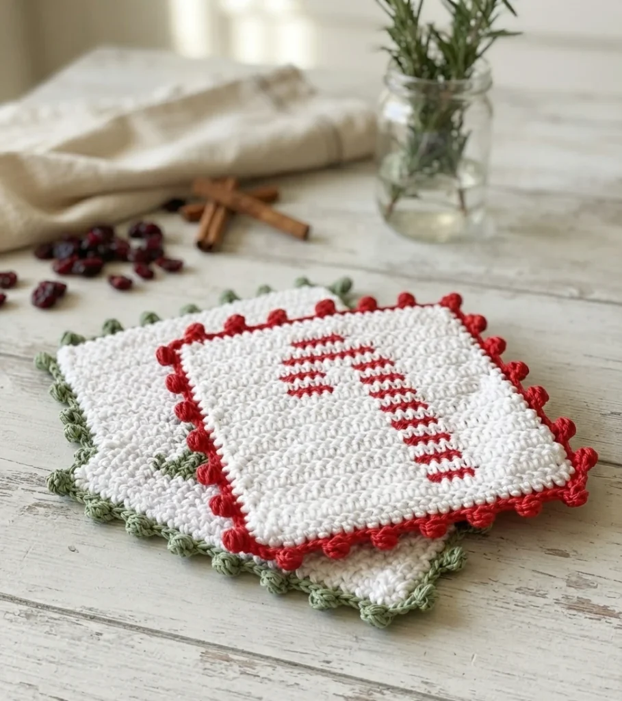 Two crocheted potholders with bobble borders overlap on a pale wooden table. The white front potholder has a red candy cane motif and border, while the one behind has green accents.