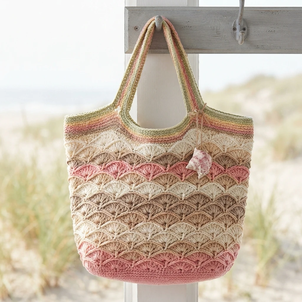 Crocheted market tote bag with scalloped shell stitch in blush pink, cream, tan and olive green, hanging from a hook on a wooden rack at the beach, with a small seashell charm tied to one side.