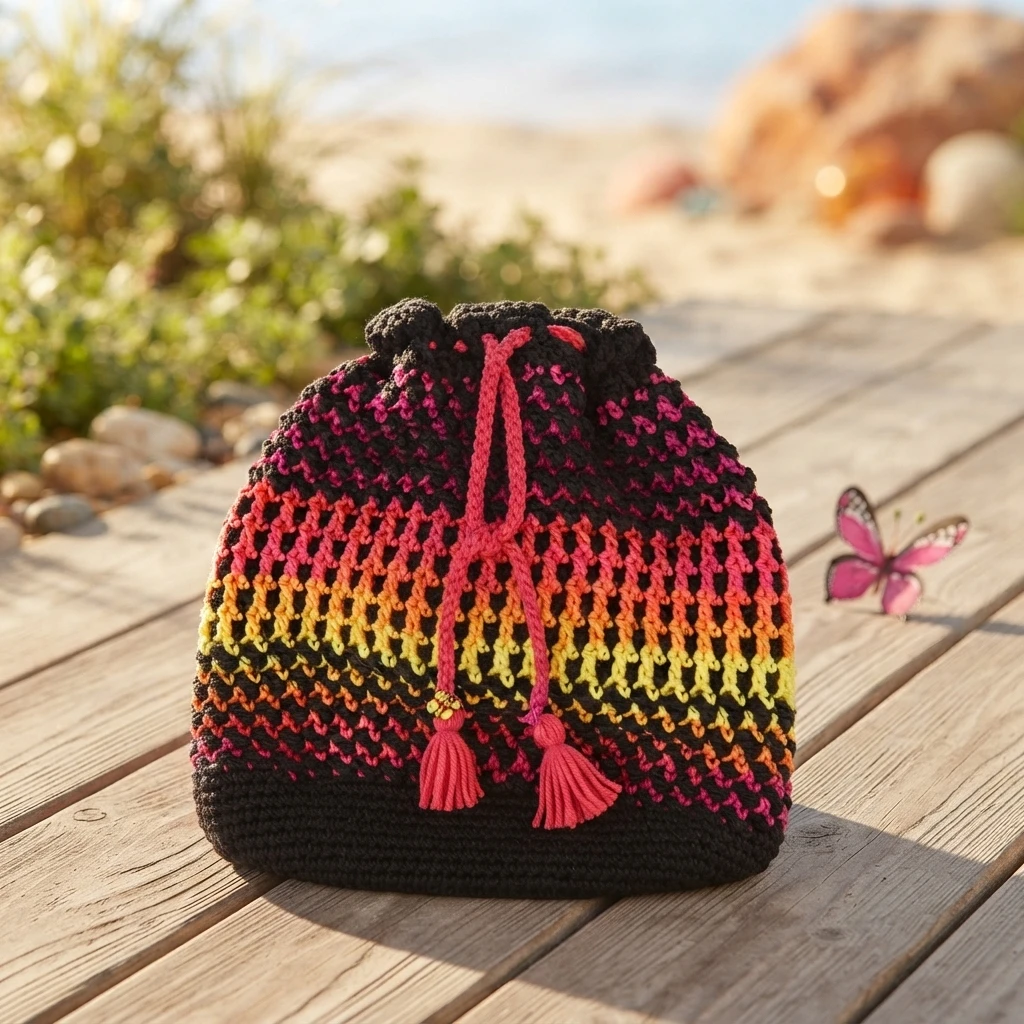 Crocheted drawstring bucket bag in black with pink, red, orange and yellow stripes and pink tassels, set on a wooden deck near the beach with a small pink butterfly nearby