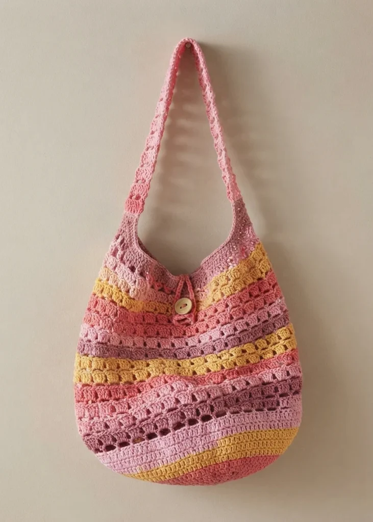 Crocheted market tote bag in pink, coral and yellow stripes with a long shoulder strap and a front button closure, hanging against a plain wall
