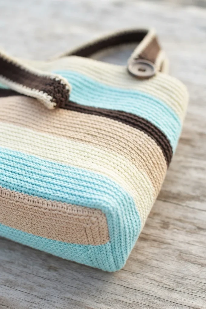 Striped crochet tote bag in cream, aqua, brown and beige with button straps lying on a wooden surface.