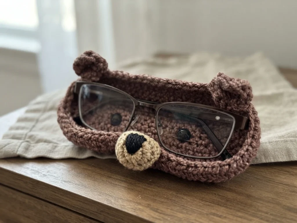 Brown crochet teddy bear eyeglass holder with small ears, a tan muzzle and black nose, holding a pair of glasses