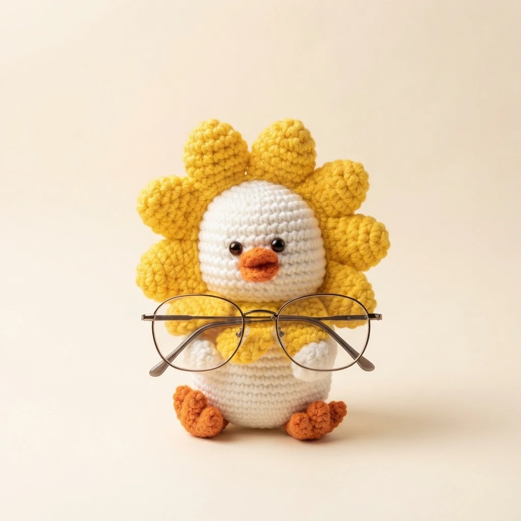 Crocheted white duck chick with yellow flower petals, orange beak and feet, holding a pair of eyeglasses
