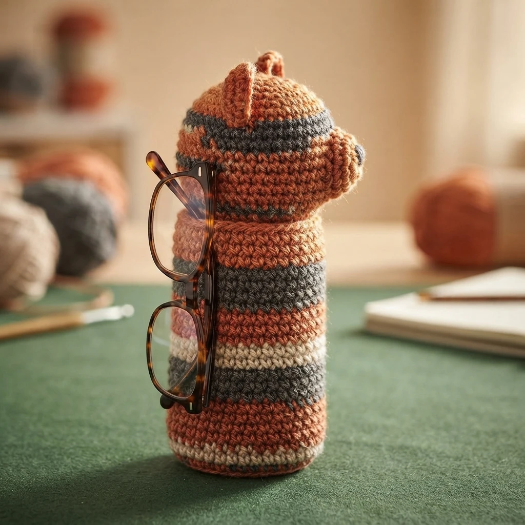 Upright striped crochet bear eyeglass holder in rust, gray and cream with glasses hanging on its side