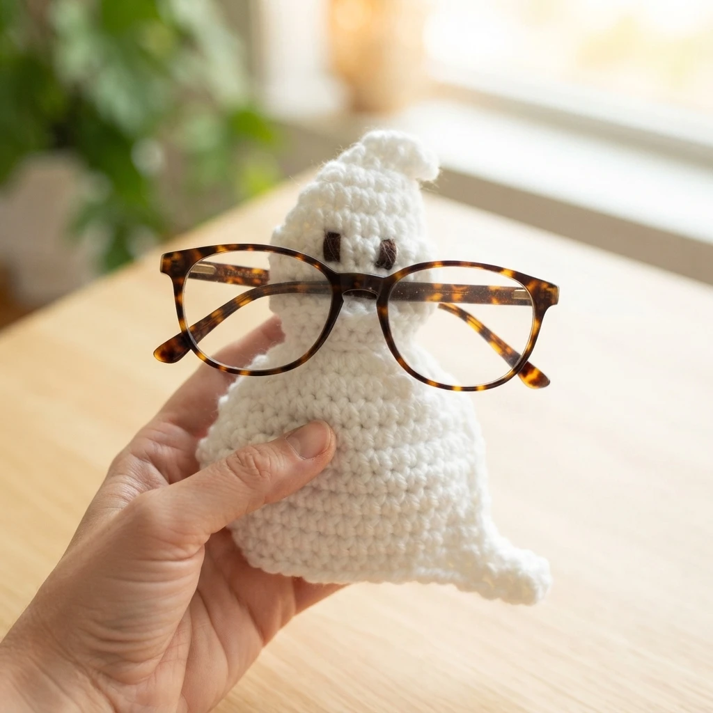 Hand holding a white crochet ghost eyeglass holder with tortoiseshell glasses in front of it on a wooden table
